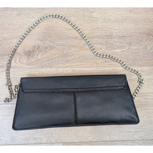 Preston & York Black Leather Shoulder Evening Bag Silver Chain Strap Structured - Picture 3 of 13